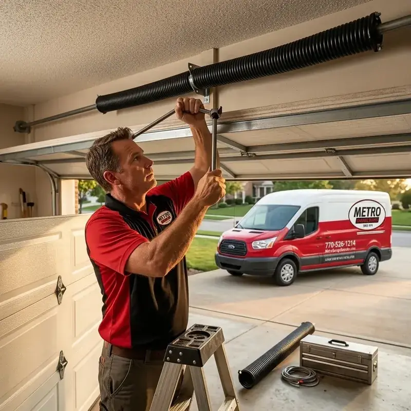 Metro technician at the torsion spring assembly above a residential garage door